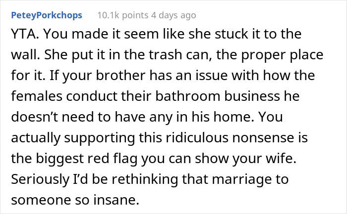"Am I A Jerk For Telling My Wife That Leaving Her Used Pad In My Brother's Place Was Inappropriate?"