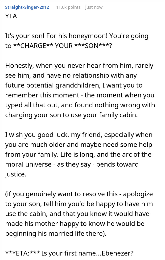 “[Am I The Jerk] For Asking My Son And His STBW To Pay To Spend Their Honeymoon In My Winter Cabin?”