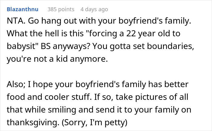 Woman Is Sick Of Having To Watch Her Cousins’ Children At Thanksgiving Gatherings, Decides To Spend It At Her Boyfriend’s Woman Is Sick Of Having To Watch Her Cousins’ Children At Thanksgiving Gatherings, Decides To Spend It At Her Boyfriend’s