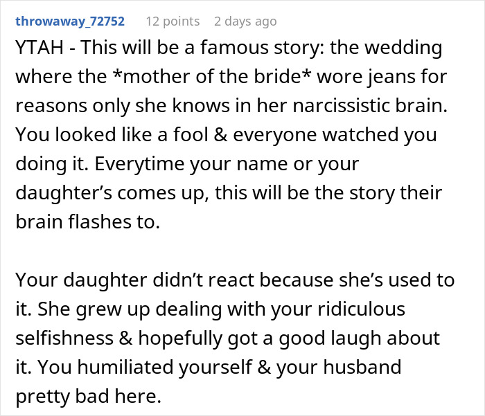 Mom Wonders If She's A Jerk For Wearing Jeans To Daughter's Wedding To Prove A Point, Gets A Reality Check Online Mom Wonders If She's A Jerk For Wearing Jeans To Daughter's Wedding To Prove A Point, Gets A Reality Check Online