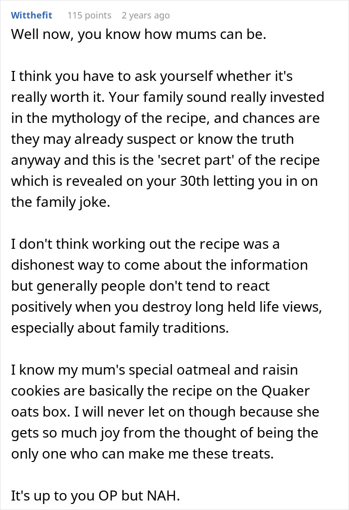 Person Wants To Expose To Mom That Their ‘Secret Family Recipe’ Actually Came From The Side Of A Can