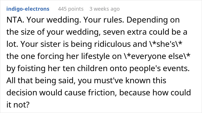 Sister Is At Furious With This Bride For Only Letting 3 Of Her 10 Kids Come To The Wedding