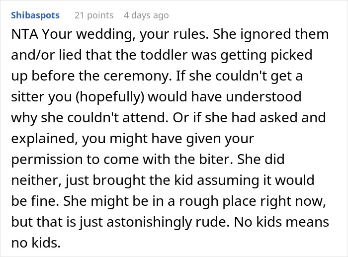 "I Strictly Said No Kids": Wedding Guest Ignores No Kids Rule, Is Offended When She's Kicked Out "I Strictly Said No Kids": Wedding Guest Ignores No Kids Rule, Is Offended When She's Kicked Out