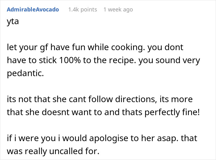 Guy Is Fed Up With Girlfriend's Cooking Because She Puts Her Own Twist On Recipes, Asks For Support Online But Receives A Reality Check Guy Is Fed Up With Girlfriend's Cooking Because She Puts Her Own Twist On Recipes, Asks For Support Online But Receives A Reality Check