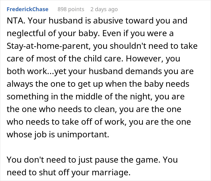 "He Wants A Divorce": Gamer Husband Lashes Out At Wife For Pausing His Game So He Would Bathe The Baby