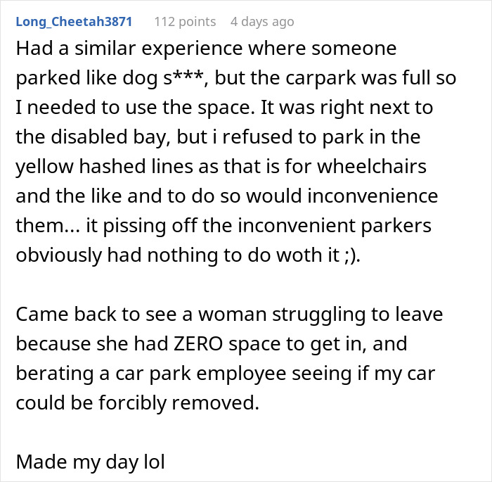 Guy Spots Two Cars Taking Up Multiple Spaces So Nobody Parks Next To Them, Finds A Satisfying Way To Get His Point Across