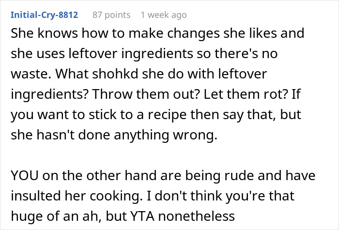 Guy Is Fed Up With Girlfriend's Cooking Because She Puts Her Own Twist On Recipes, Asks For Support Online But Receives A Reality Check Guy Is Fed Up With Girlfriend's Cooking Because She Puts Her Own Twist On Recipes, Asks For Support Online But Receives A Reality Check