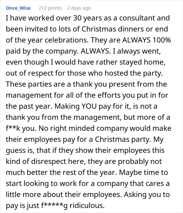 "I'd Be Busy That Night": Company Higher-Ups Expect Staff To Shell Out $30 Each For The Corporate Christmas Party