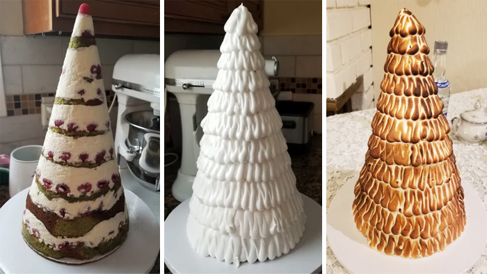 Pistachio Christmas Tree Cake With White Chocolate Mousse, Fresh Raspberries And Toasted Meringue