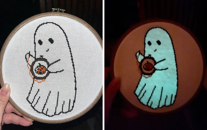 Back By Popular Demand: Cross Stitching Ghost, All Filled In With Glow In The Dark Half Stitches!