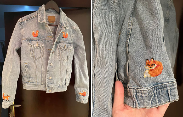 First Of The Christmas Presents Finished: A Denim Jacket With Cross-Stitched Foxes For My Sister
