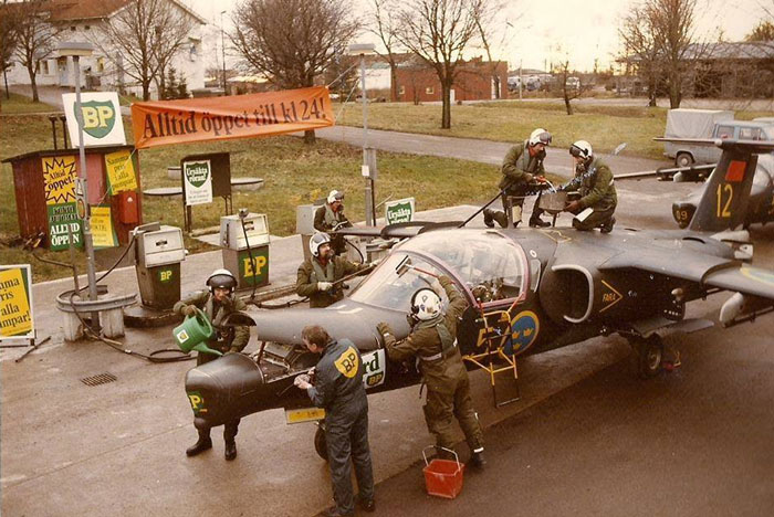 Swedish Pilots Tanking Saab 105 On The Gas Station, 1980