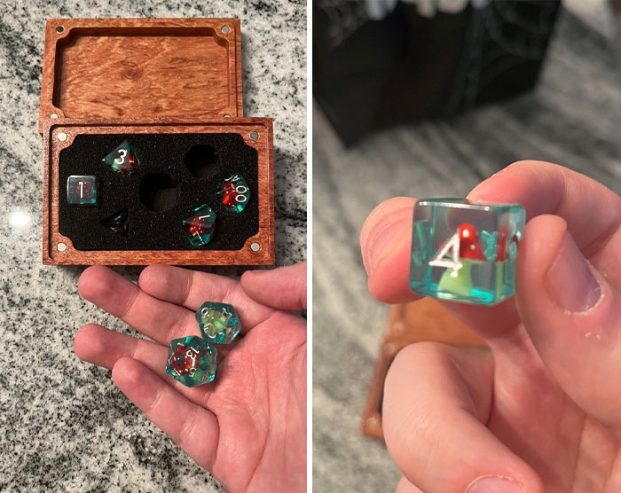 My Husband Got Me Some Custom Dice For Playing Games, And They Have Mushrooms In Them
