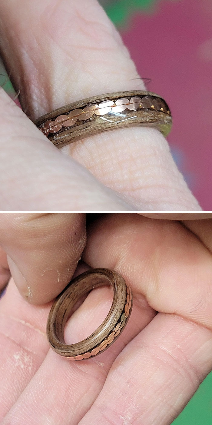 As An Anniversary Gift, I Made My First Ring For My Wife. There Are Flaws But She Loves It. It's Walnut With A Twisted Copper Wire Inlay. 100% Reclaimed Materials