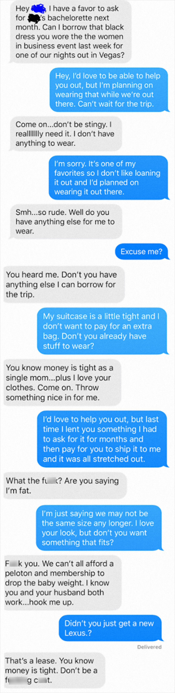 Wife's Choosing Beggar Friend Begging For Clothes For Vegas Bachelorette Party Even Though They're Not The Same Size
