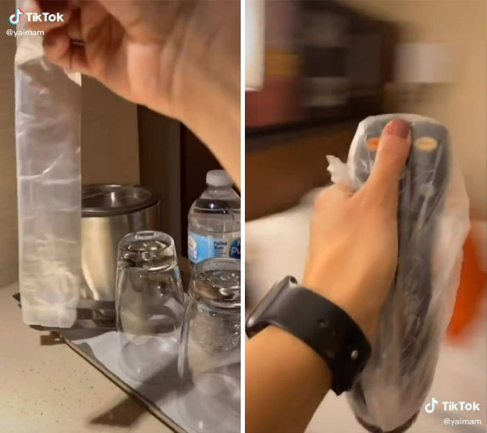 Usa esta bolsita de hielo para cubrir el control remoto; es la cosa más sucia en la habitación del hotel