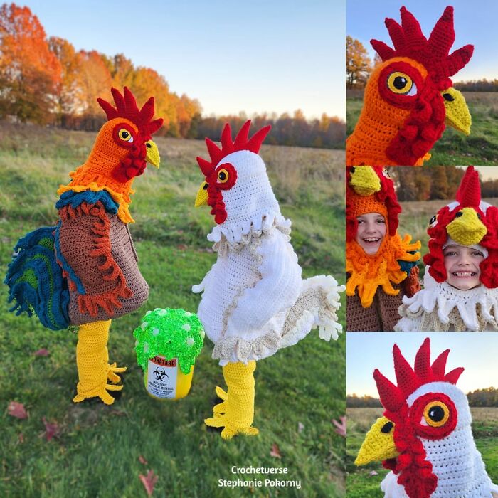 Each Year My Boys Choose A Costume And Then I Crochet It For Them! 7 Years Now! This Year They Chose Chickens Who Accidentally Ate Toxic Waste And Grew Oversized