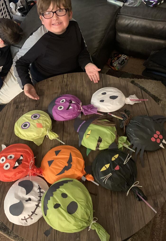 My Son And I Made Halloween “Lollipops” For His Class Tomorrow. 2 Plates Pocket With A Few Things Of Candy, Glow Sticks As The Stick, Then Tissue Paper And Construction Paper As Decoration