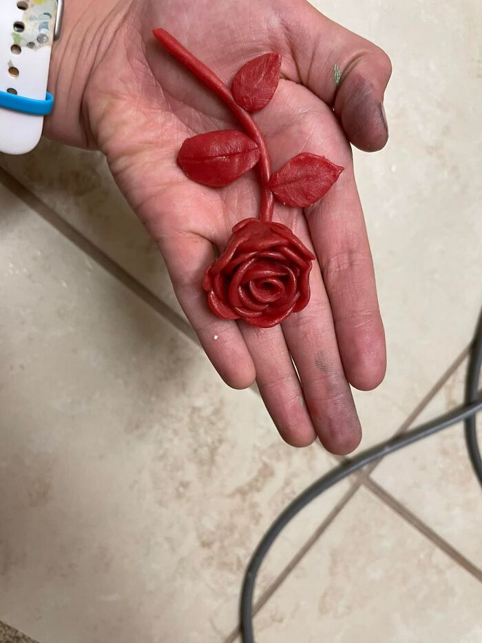 Had To Share This Rose My 11year Old Granddaughter Made. You'll Never Guess What It's Made From.... The Wax From Baby Bell Cheese!