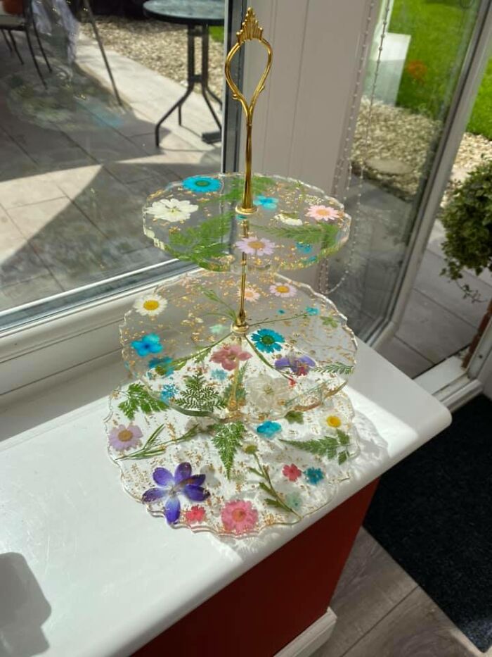 Handmade A Resin Cake Stand With Real Freshly Pressed Flowers