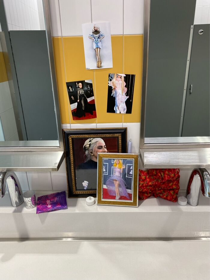 This Lady Gaga Shrine Someone Put Up In The Women’s Bathroom At My Highschool Xd