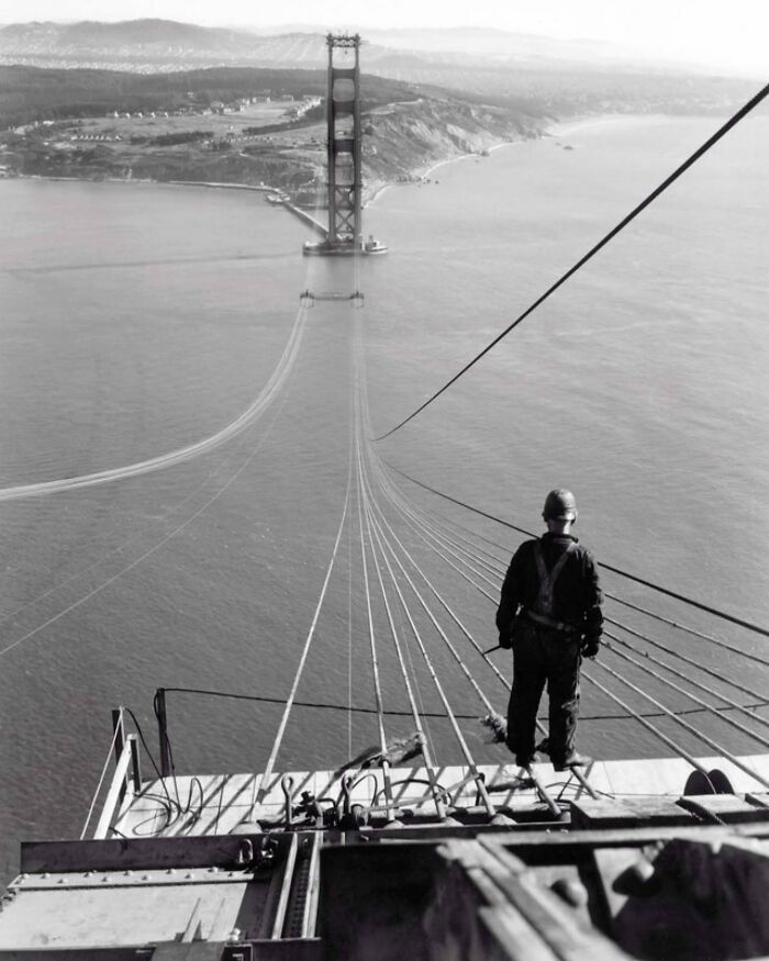 A Man Standing On The First Cables During The Construction Of The Golden Gate Bridge, 1935