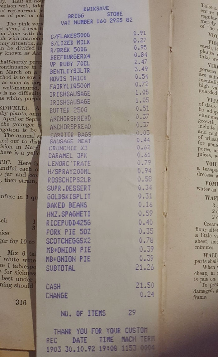A Receipt Found In A Book From 1992. Not A Vegetable In Sight