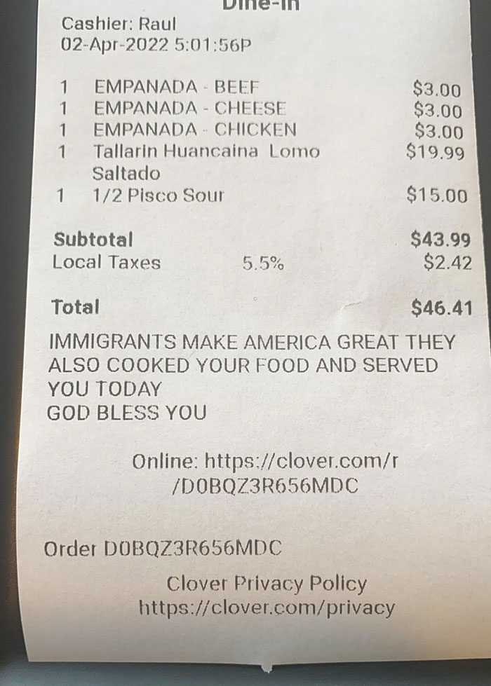 A Message On The Bottom Of The Receipt From My Local Peruvian Restaurant