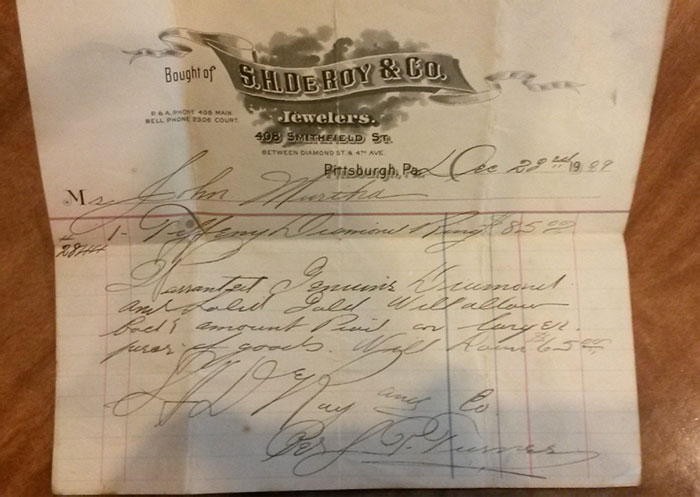 My Great Grandfather's Receipt For His Wife's Tiffany Engagement Ring Back In 1909