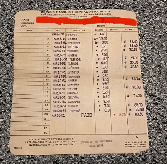 My Grandma’s Hospital Bill In 1951 To Give Birth To My Mom. She Spent 4 Nights There