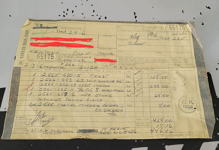 Furniture We Bought From A Yard Sale Still Had The Original Receipt From 1966