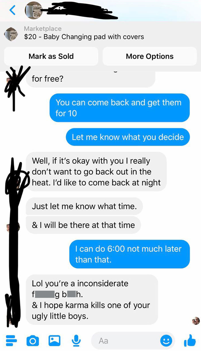 Karen On Facebook Marketplace (Top Is Cut Off But She’s Asking If She Can Get The Item Free)