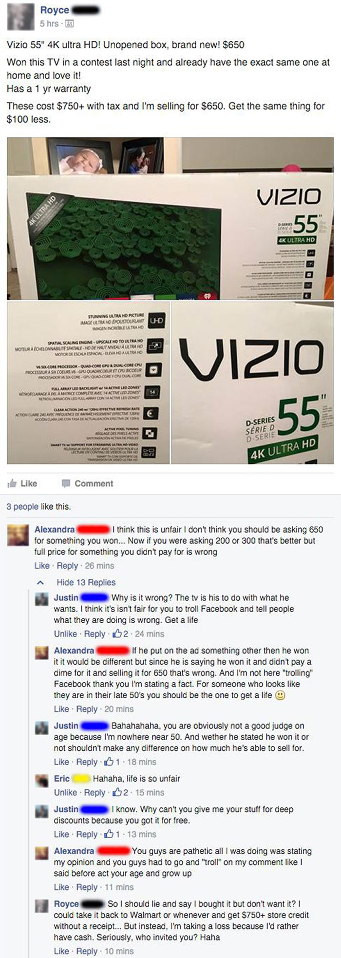Wants TV At A Deep Discount Because Seller Won The TV In A Contest