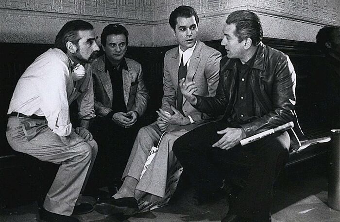 Martin Scorsese, Joe Pesci, Ray Liotta And Robert De Niro During The Filming Of Goodfellas