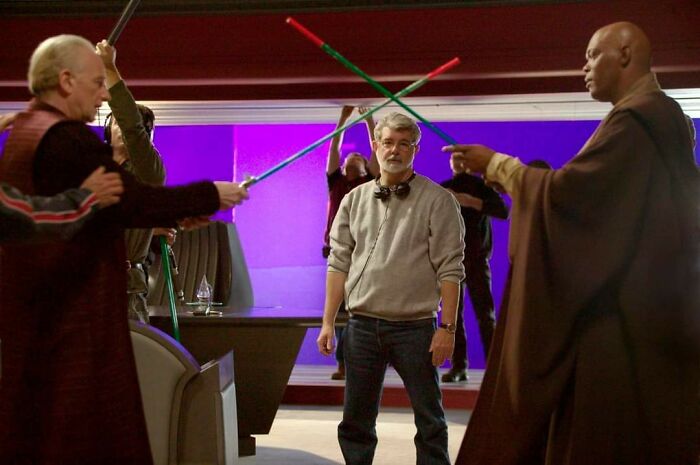 Ian Mcdiarmid, George Lucas And Samuel L. Jackson On The Set Of 'Revenge Of The Sith' (2005)