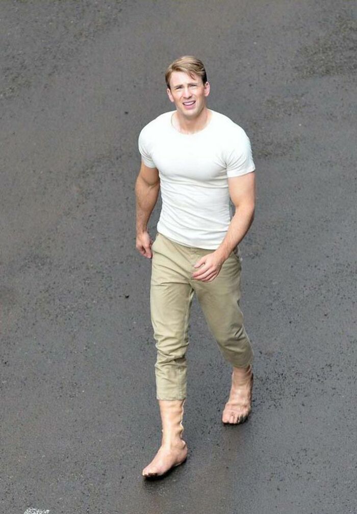 Chris Evans On The Set Of Captain America Wearing Rubber Shoes Made To Look Like Bare Feet