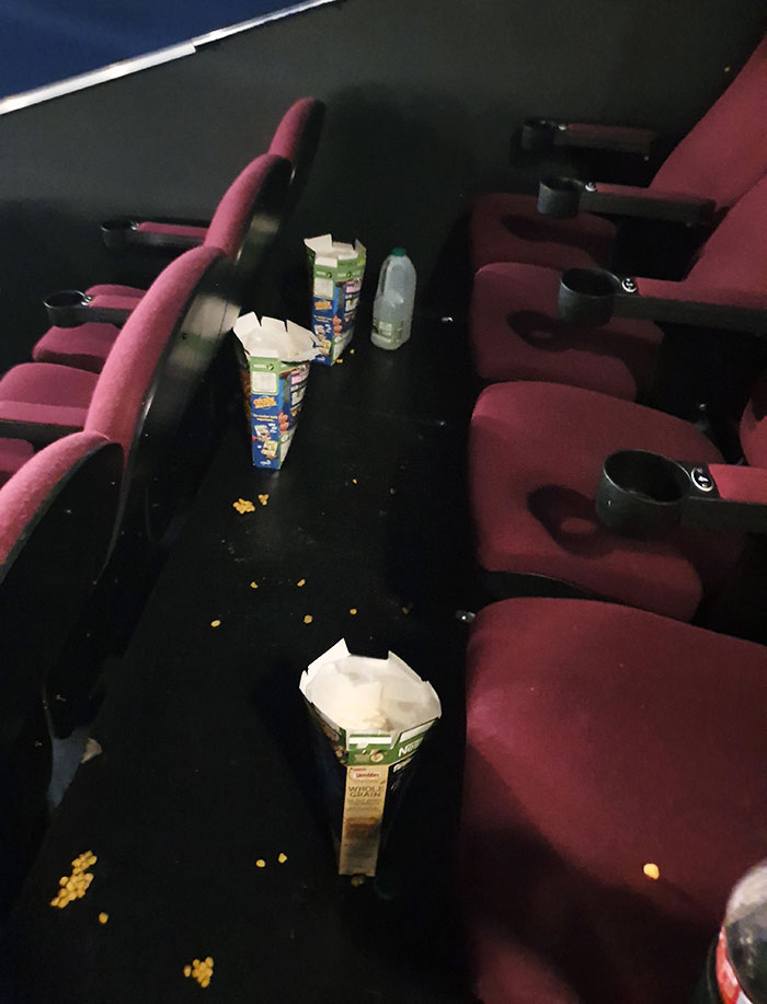 Being A Cinema Worker And Having To Clean Up After These Delightful People. Yes, Sadly, But The Boxes Are Still Half Full Of Soggy Cereal And Milk