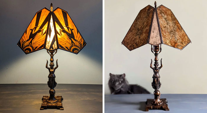 I Wanted To Share Some Pics Of This Authentic Mid-1920s Art Deco Maiden Figurine Lamp Base I Restored With A Custom Leaping Gazelle Alternating Amber, Silver Mica Shade That I Made... And Our Cat, King-G