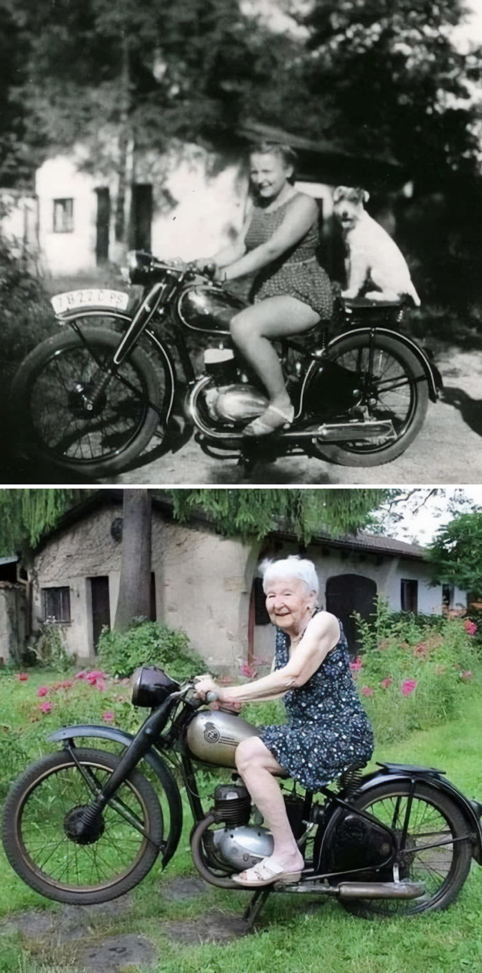 La misma moto, la misma casa, el mismo árbol y la misma mujer, solo que 71 años después