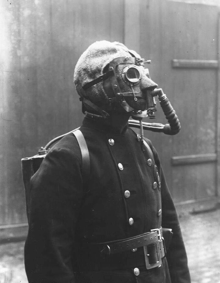 A Fireman From The London Fire Brigade, Wearing A Smoke Helmet, 1908