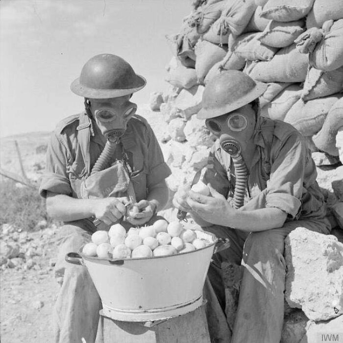 Soldados pelan cebollas mientras usan máscaras antigás para no llorar, 1941
