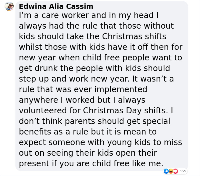 The woman reminded everyone that even childless people have families while being asked to give up her vacation for a co-worker who has children.
