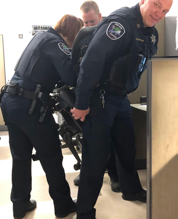 Sgt. Vanderheiden Got His Suspenders Stuck In A Chair Yesterday, But Some Helpful Friends Came To The Rescue