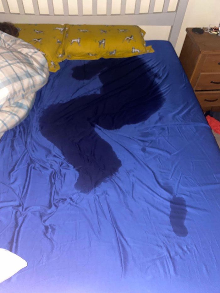 Mi amigo me envió una foto de sus sábanas después de una noche de sueño luchando contra la fiebre