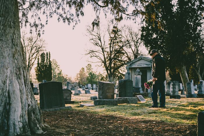 Man Standing Sad In Cemetery 