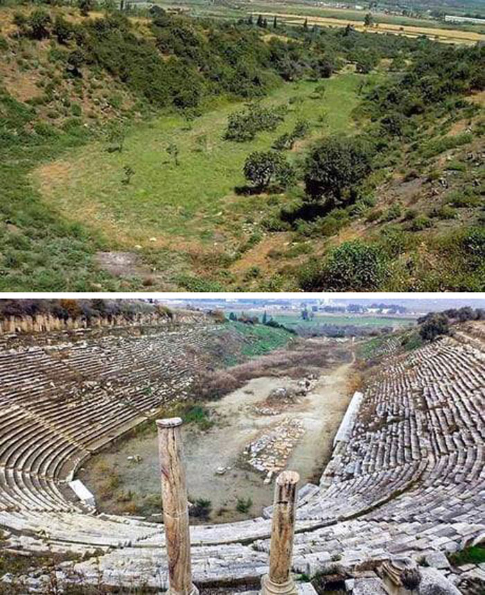 Before And After Excavation Of An Ancient Stadium In Modern Day Turkey. Abandoned For Almost 2000 Years. 1984 - Today