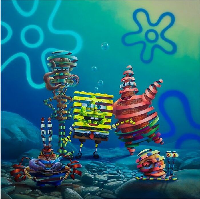 Señor Cangrejo, Calamardo, Bob Esponja, Patricio y Gary