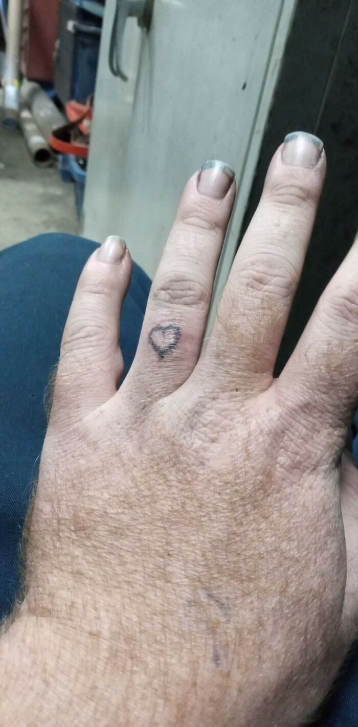Work In Progress. Start Of My Tattooed Wedding Band. I Can't Have Jewelry At Work And Wanted A Wedding Band. I'm Doing This To Myself, Single Needle Stick And Poke Method. It Matches The Rest Of My Tattoos. I Will Be Finishing The Band For It This Weekend