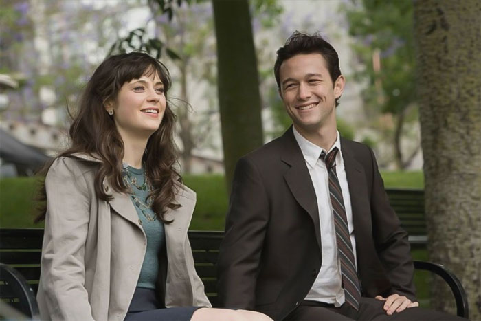 Man and a woman sitting on bench and talking while smiling 