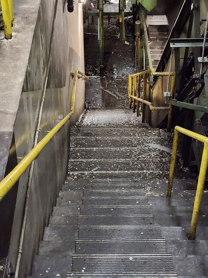 The Stairs Going Down To "The Pit" At The Plant I'm Working On. Covered In Years Of Grease And Metal Punch Outs